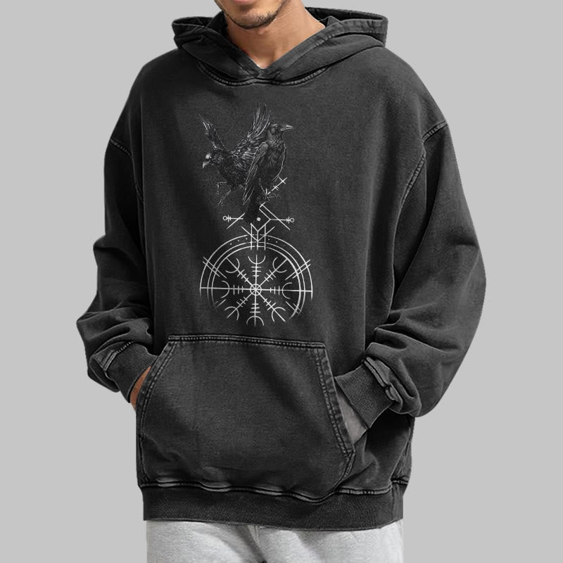 WorldNorse Gothic Raven Vegvisir Print verwaschener Kapuzenpullover - image 5