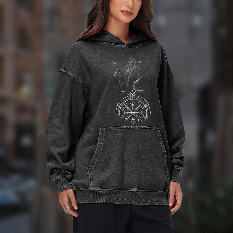 WorldNorse Gothic Raven Vegvisir Print verwaschener Kapuzenpullover - image 11