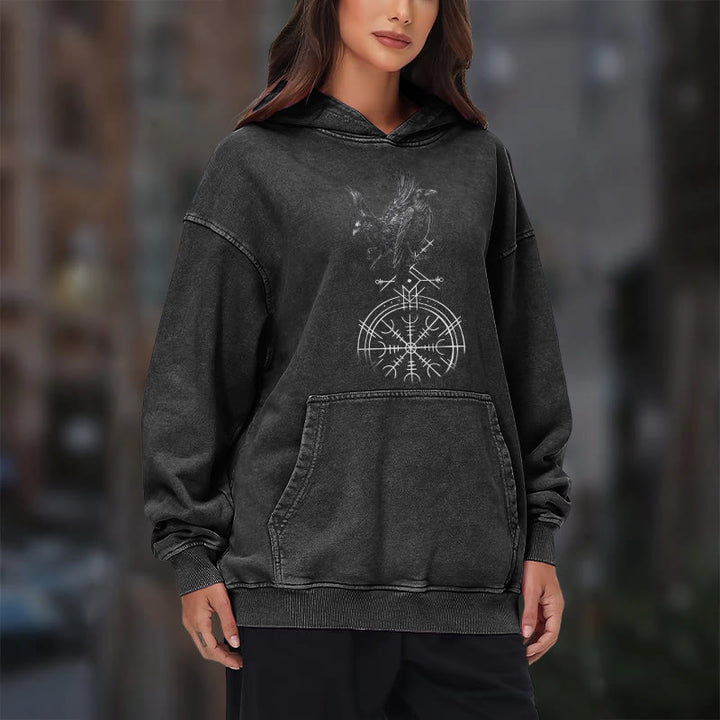 WorldNorse Gothic Raven Vegvisir Print verwaschener Kapuzenpullover - image 11