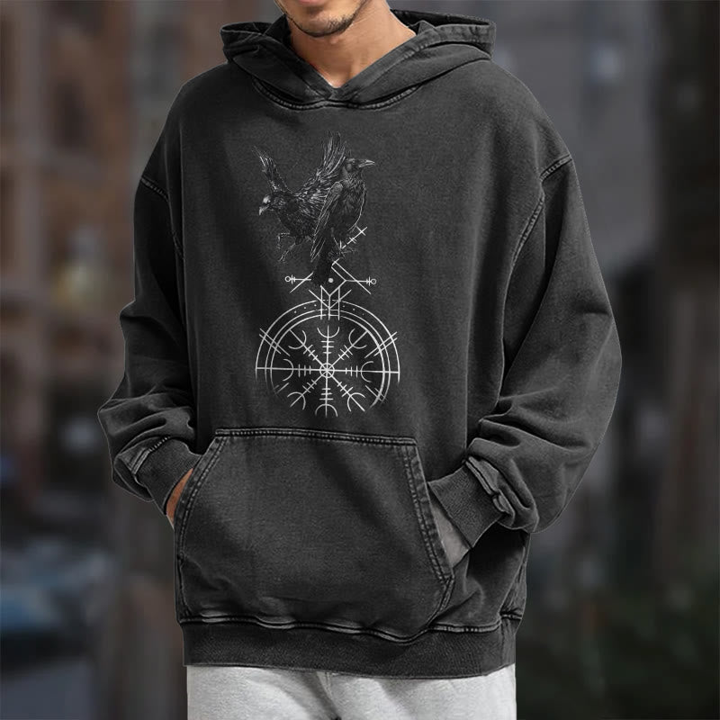 WorldNorse Gothic Raven Vegvisir Print verwaschener Kapuzenpullover - image 8