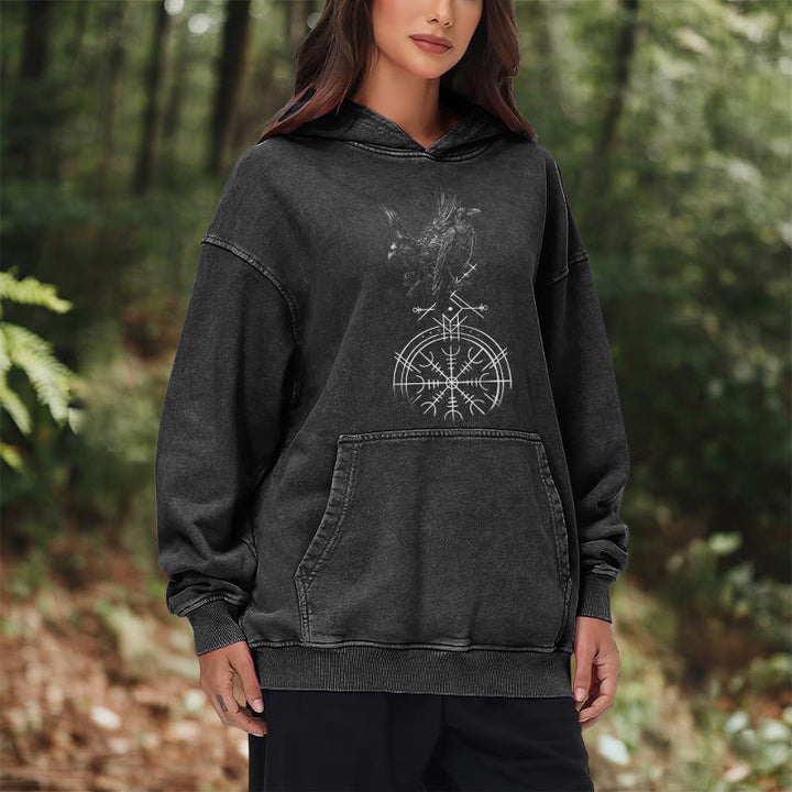 WorldNorse Gothic Raven Vegvisir Print verwaschener Kapuzenpullover - image 10