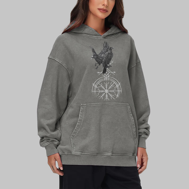 WorldNorse Gothic Raven Vegvisir Print verwaschener Kapuzenpullover - image 18