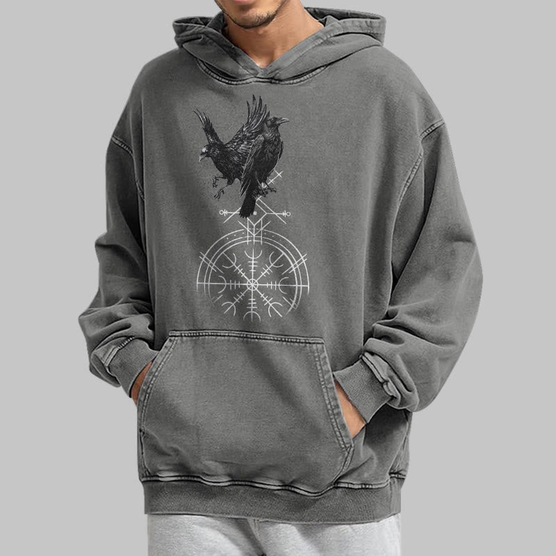 WorldNorse Gothic Raven Vegvisir Print verwaschener Kapuzenpullover - image 15