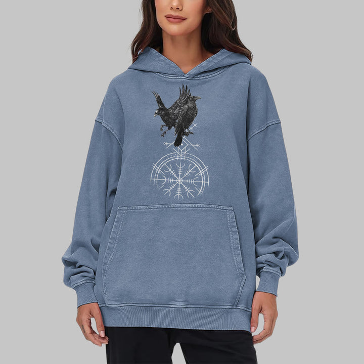 WorldNorse Gothic Raven Vegvisir Print verwaschener Kapuzenpullover - image 24