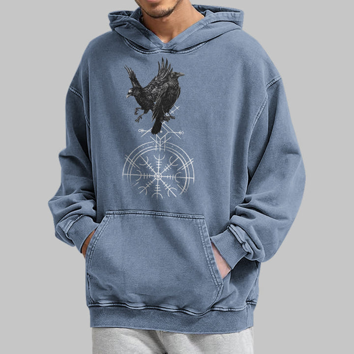 WorldNorse Gothic Raven Vegvisir Print verwaschener Kapuzenpullover - image 21