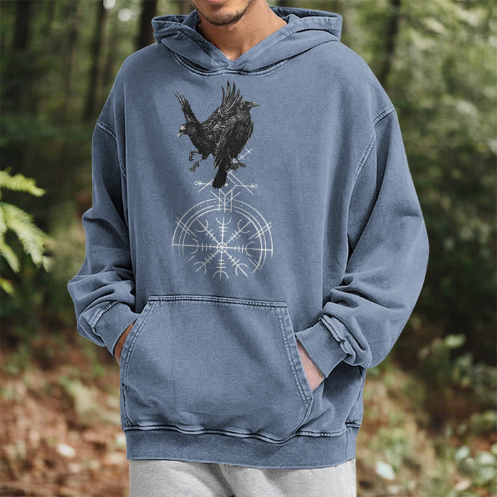 WorldNorse Gothic Raven Vegvisir Print verwaschener Kapuzenpullover - image 24