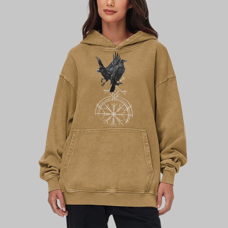 WorldNorse Gothic Raven Vegvisir Print verwaschener Kapuzenpullover - image 31