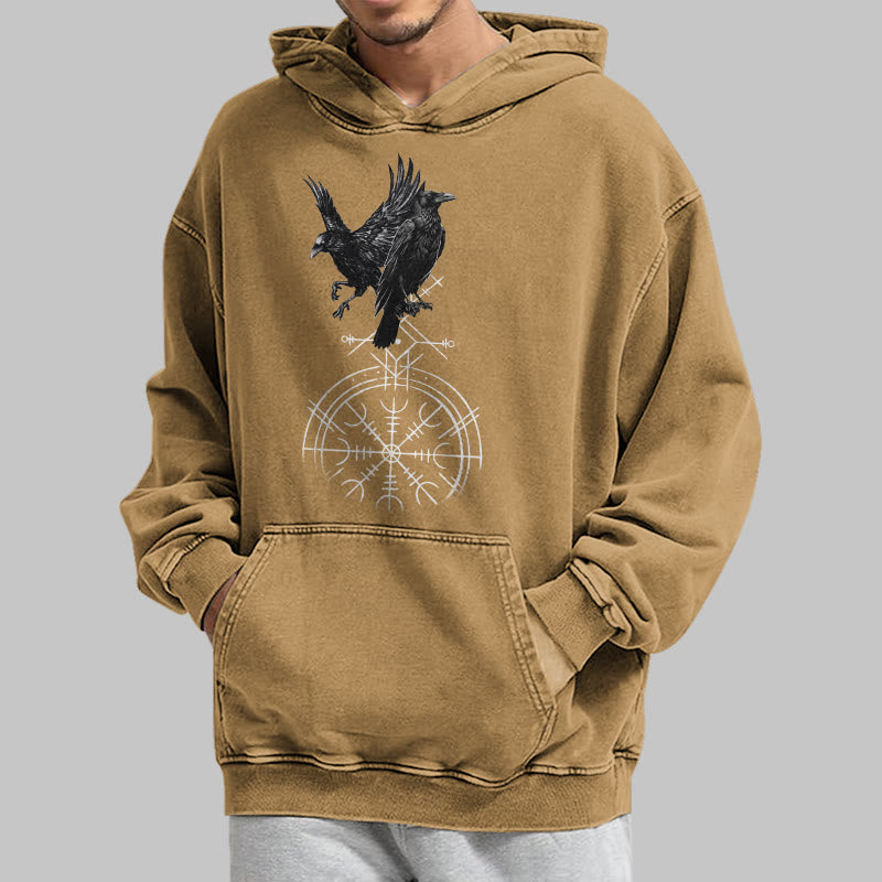 WorldNorse Gothic Raven Vegvisir Print verwaschener Kapuzenpullover - image 29