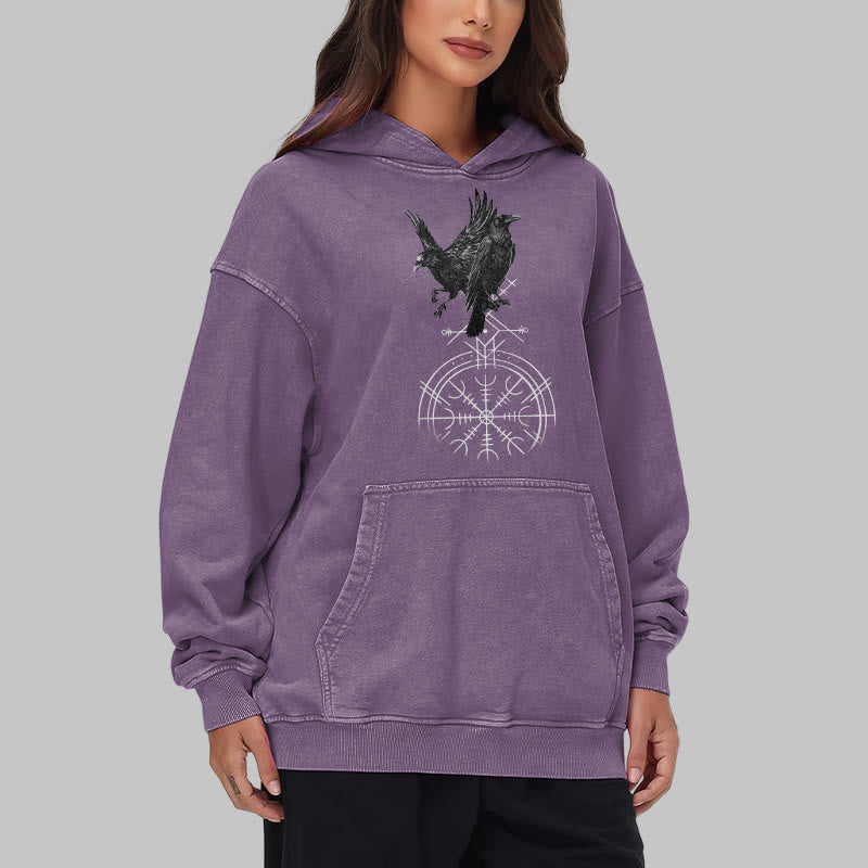 WorldNorse Gothic Raven Vegvisir Print verwaschener Kapuzenpullover - image 38