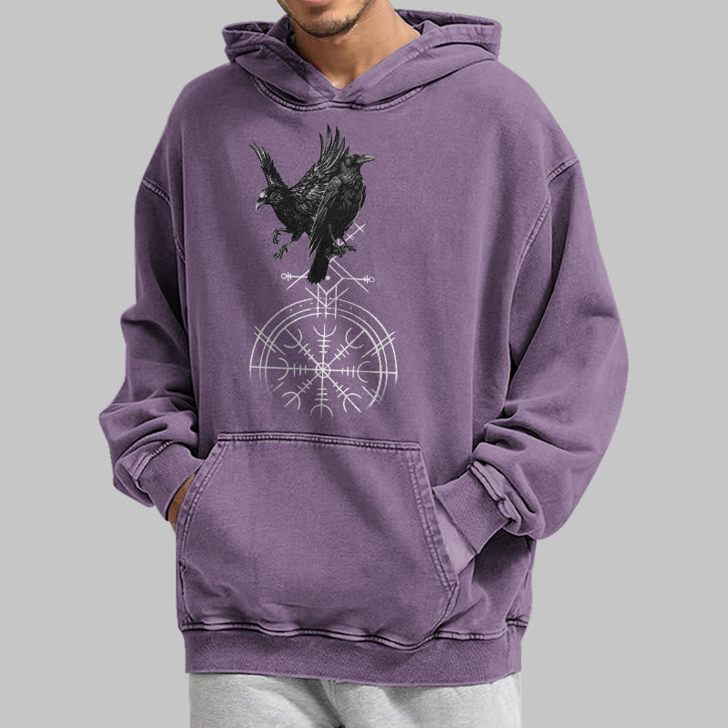 WorldNorse Gothic Raven Vegvisir Print verwaschener Kapuzenpullover - image 36