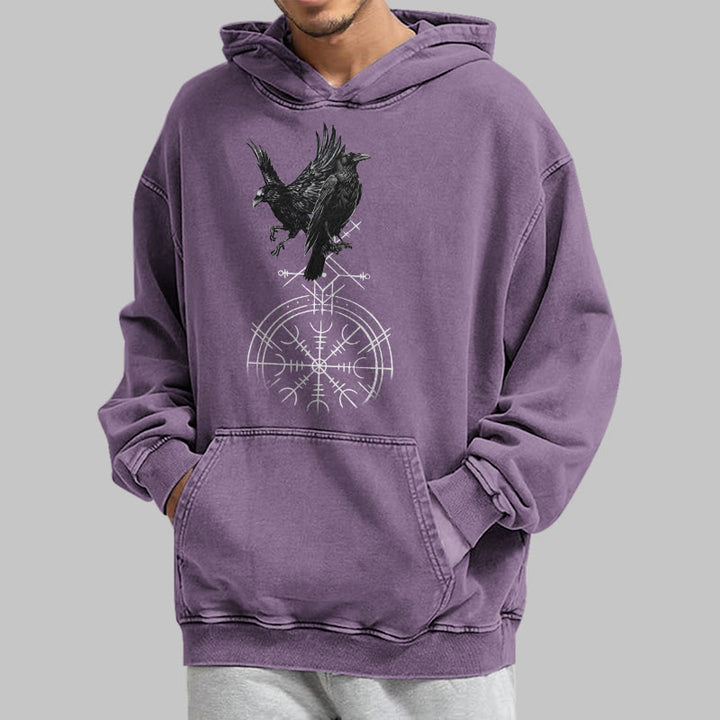 WorldNorse Gothic Raven Vegvisir Print verwaschener Kapuzenpullover - image 36