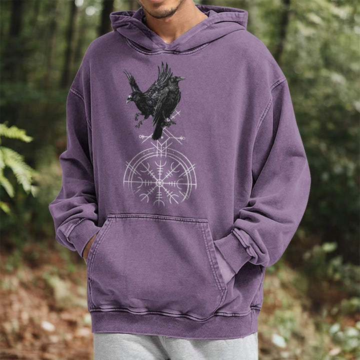 WorldNorse Gothic Raven Vegvisir Print verwaschener Kapuzenpullover - image 37