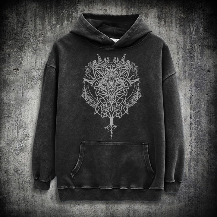 WorldNorse Fenrir Wolf Baum des Lebens gewaschen Hoodie - Schwarz - 3XL - image 1