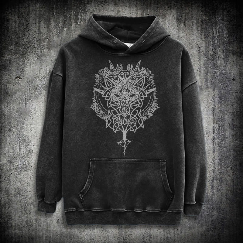 WorldNorse Fenrir Wolf Baum des Lebens gewaschen Hoodie - Schwarz - 3XL - image 0