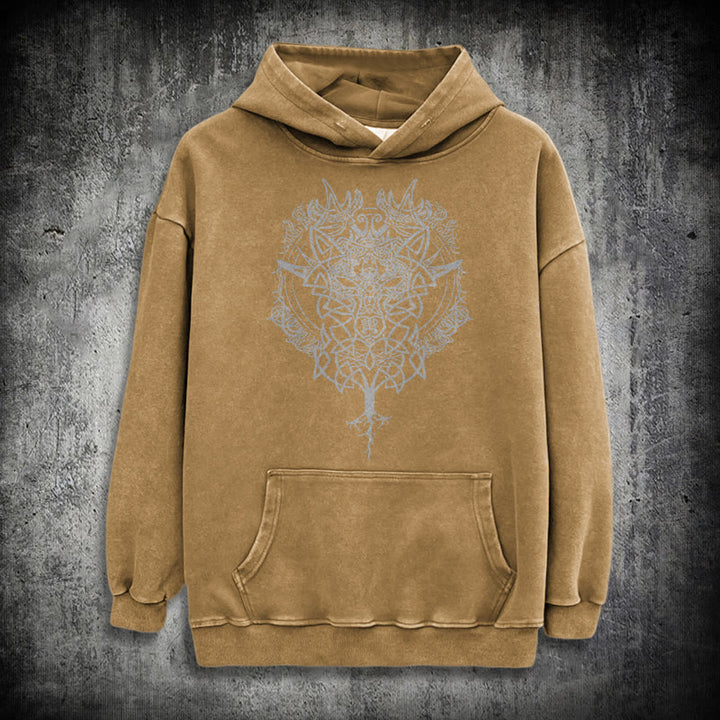 WorldNorse Fenrir Wolf Baum des Lebens gewaschen Hoodie - Khaki - 3XL - image 26