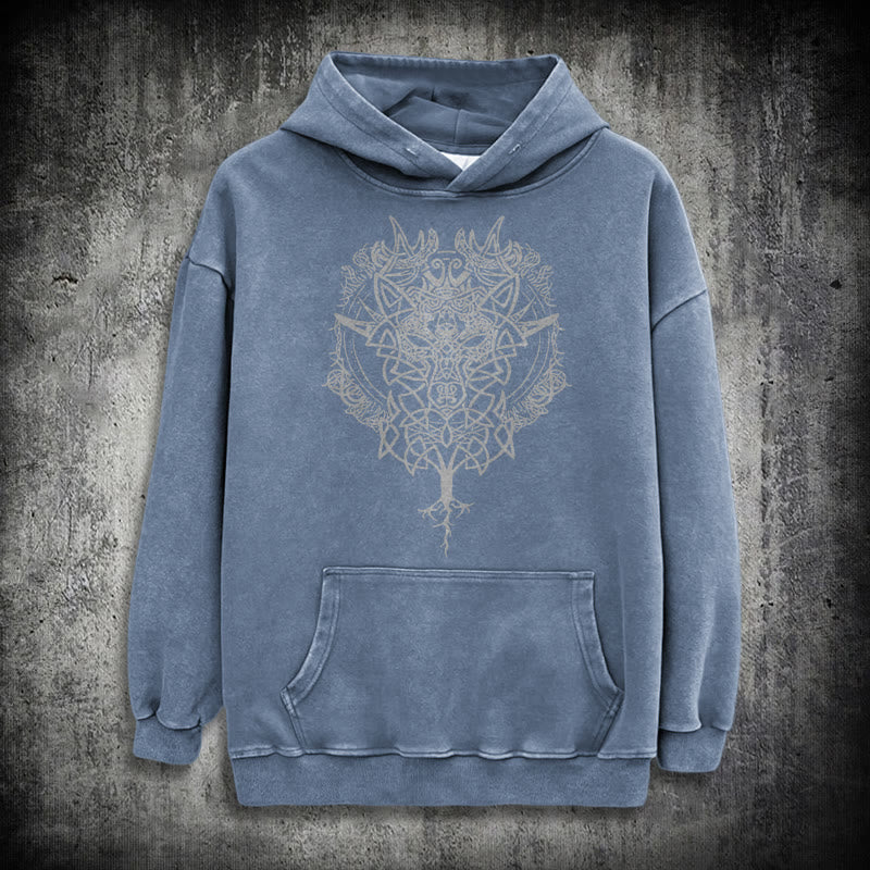 WorldNorse Fenrir Wolf Baum des Lebens gewaschen Hoodie - Blau - 3XL - image 19