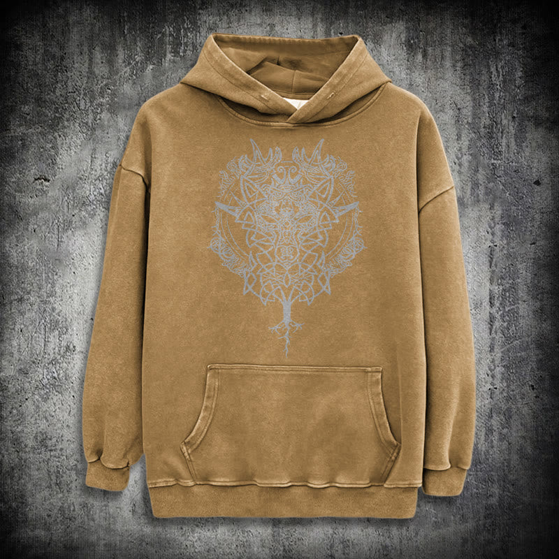 WorldNorse Fenrir Wolf Baum des Lebens gewaschen Hoodie - Khaki - 3XL - image 27