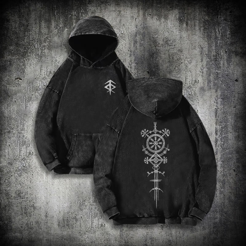 WorldNorse Vegvisir Kapuzenpullover mit beidseitigem Aufdruck, gewaschen - Schwarz - 3XL - image 0
