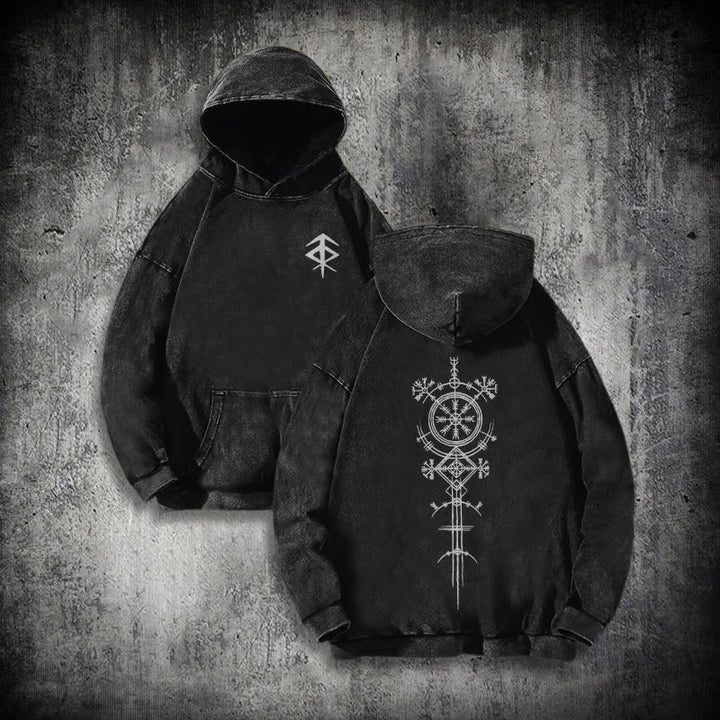 WorldNorse Vegvisir Kapuzenpullover mit beidseitigem Aufdruck, gewaschen - Schwarz - 3XL - image 0