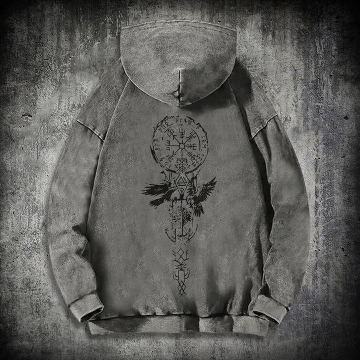 WorldNorse Valknut Raven Kapuzenpullover mit Rückenaufdruck, verwaschen - Grau - 3XL - image 12