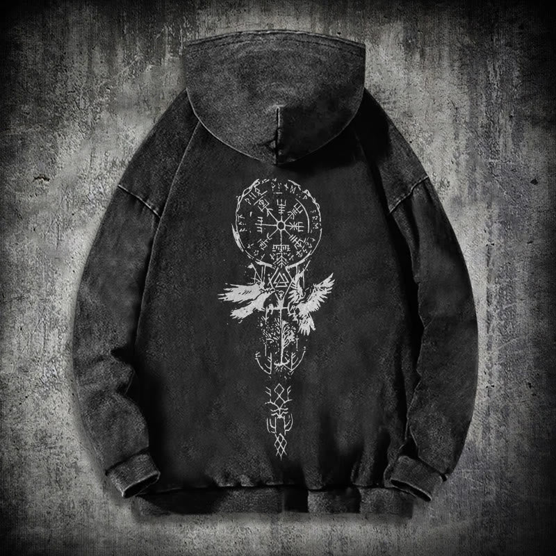 WorldNorse Valknut Raven Kapuzenpullover mit Rückenaufdruck, verwaschen - Schwarz - 3XL - image 0