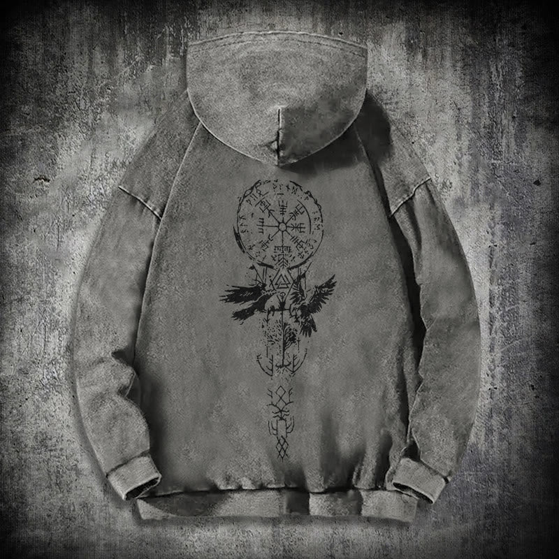 WorldNorse Valknut Raven Kapuzenpullover mit Rückenaufdruck, verwaschen - Grau - 3XL - image 13