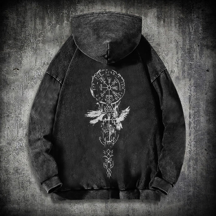 WorldNorse Valknut Raven Kapuzenpullover mit Rückenaufdruck, verwaschen - Schwarz - 3XL - image 1