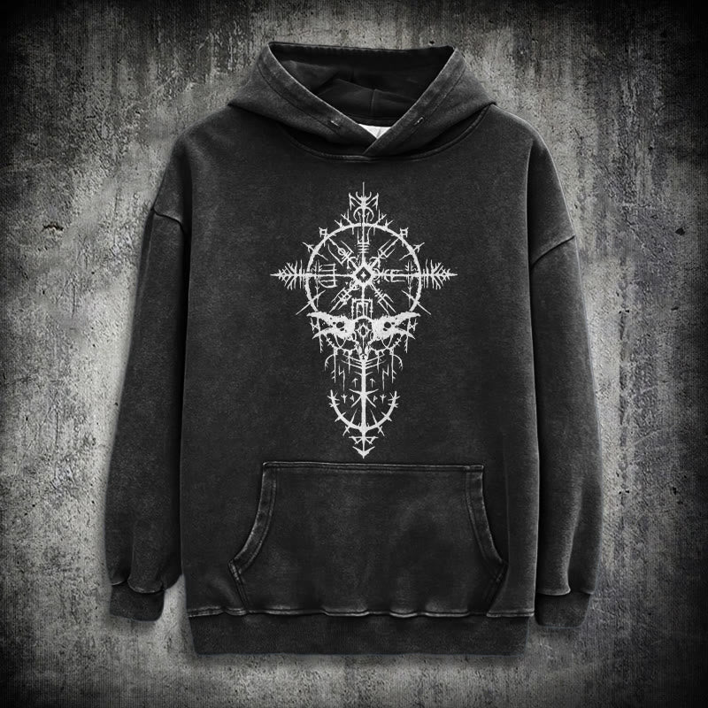 WorldNorse Tribal Bird & Viking Design Gewaschener Kapuzenpullover - Schwarz - 3XL - image 0