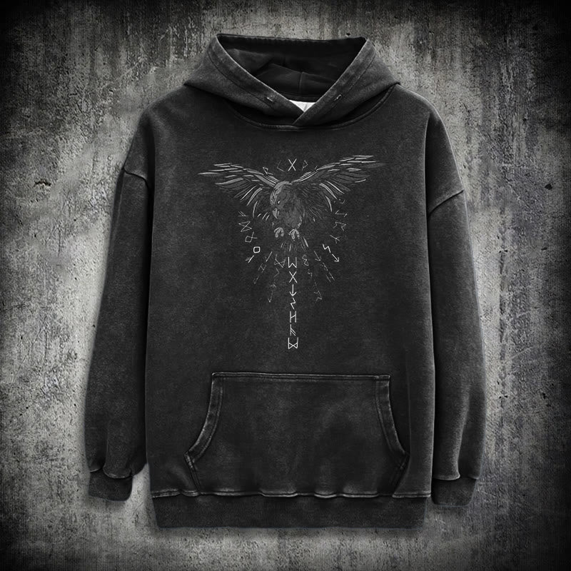 WorldNorse – Kapuzenpullover mit Raven -Grafik, gewaschen - Schwarz - 3XL - image 0