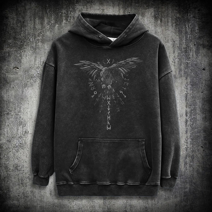 WorldNorse – Kapuzenpullover mit Raven -Grafik, gewaschen - Schwarz - 3XL - image 0