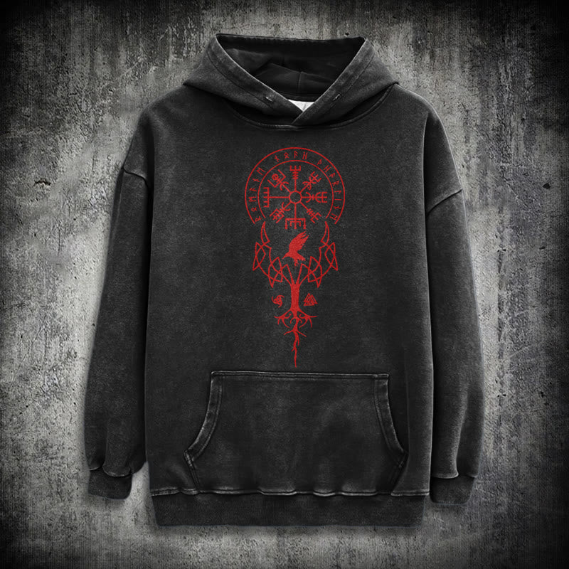 WorldNorse Yggdrasil Rote Runen Wikinger gewaschener Kapuzenpullover - Schwarz - 3XL - image 0