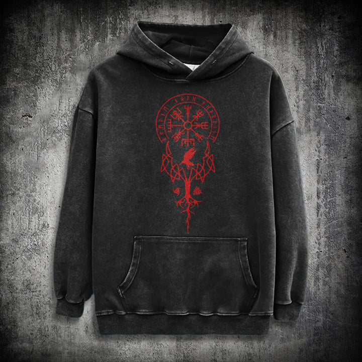 WorldNorse Yggdrasil Rote Runen Wikinger gewaschener Kapuzenpullover - Schwarz - 3XL - image 0