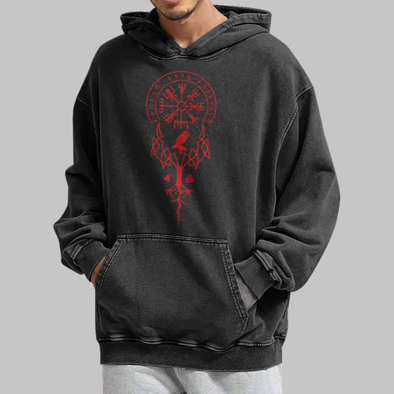 WorldNorse Yggdrasil Rote Runen Wikinger gewaschener Kapuzenpullover - image 4