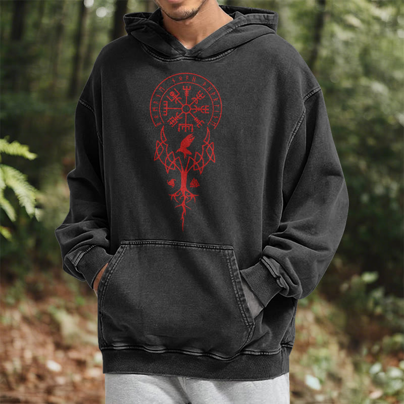 WorldNorse Yggdrasil Rote Runen Wikinger gewaschener Kapuzenpullover - image 6