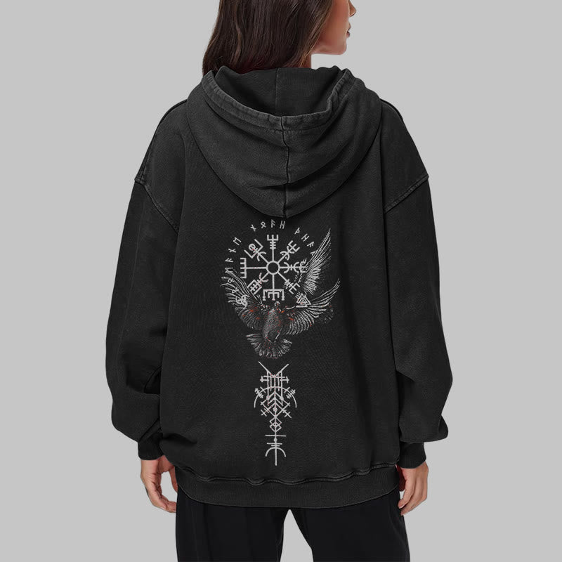 WorldNorse Wikingersymbol Raven Vegvisir gewaschener Kapuzenpullover - image 9