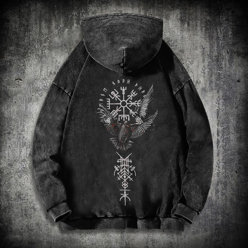 WorldNorse Wikingersymbol Raven Vegvisir gewaschener Kapuzenpullover - Schwarz - 3XL - image 0