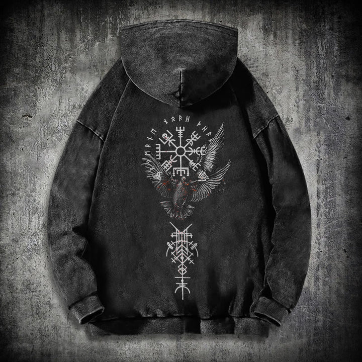 WorldNorse Wikingersymbol Raven Vegvisir gewaschener Kapuzenpullover - Schwarz - 3XL - image 0