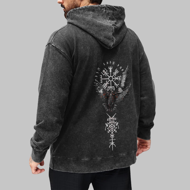 WorldNorse Wikingersymbol Raven Vegvisir gewaschener Kapuzenpullover - image 4