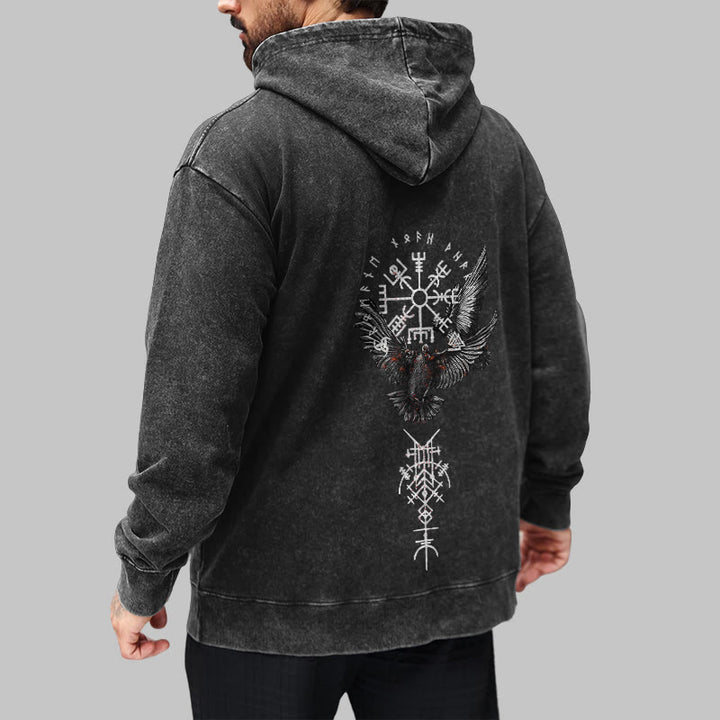 WorldNorse Wikingersymbol Raven Vegvisir gewaschener Kapuzenpullover - image 4