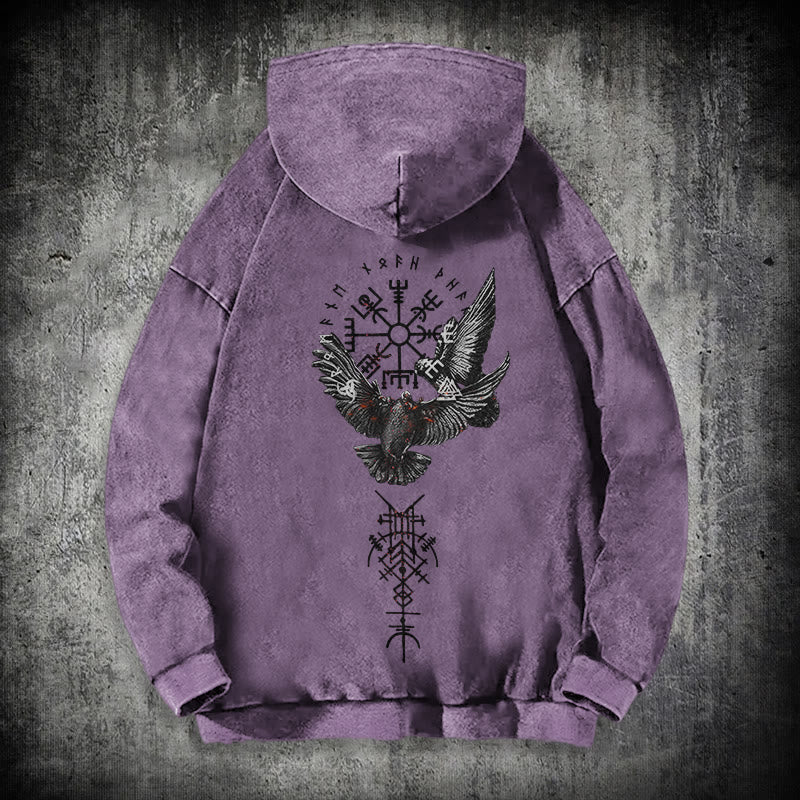 WorldNorse Wikingersymbol Raven Vegvisir gewaschener Kapuzenpullover - Lila - 3XL - image 33