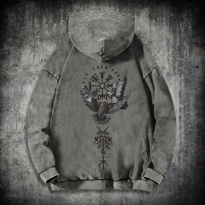 WorldNorse Wikingersymbol Raven Vegvisir gewaschener Kapuzenpullover - Grau - 3XL - image 12