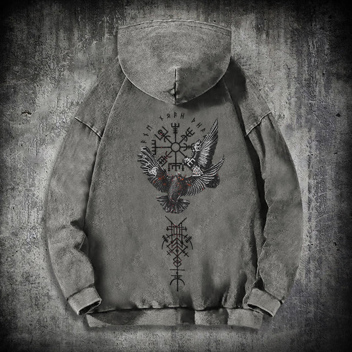 WorldNorse Wikingersymbol Raven Vegvisir gewaschener Kapuzenpullover - Grau - 3XL - image 12