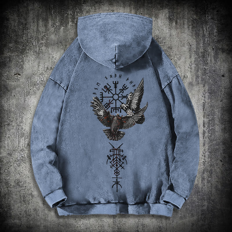 WorldNorse Wikingersymbol Raven Vegvisir gewaschener Kapuzenpullover - Blau - 3XL - image 19