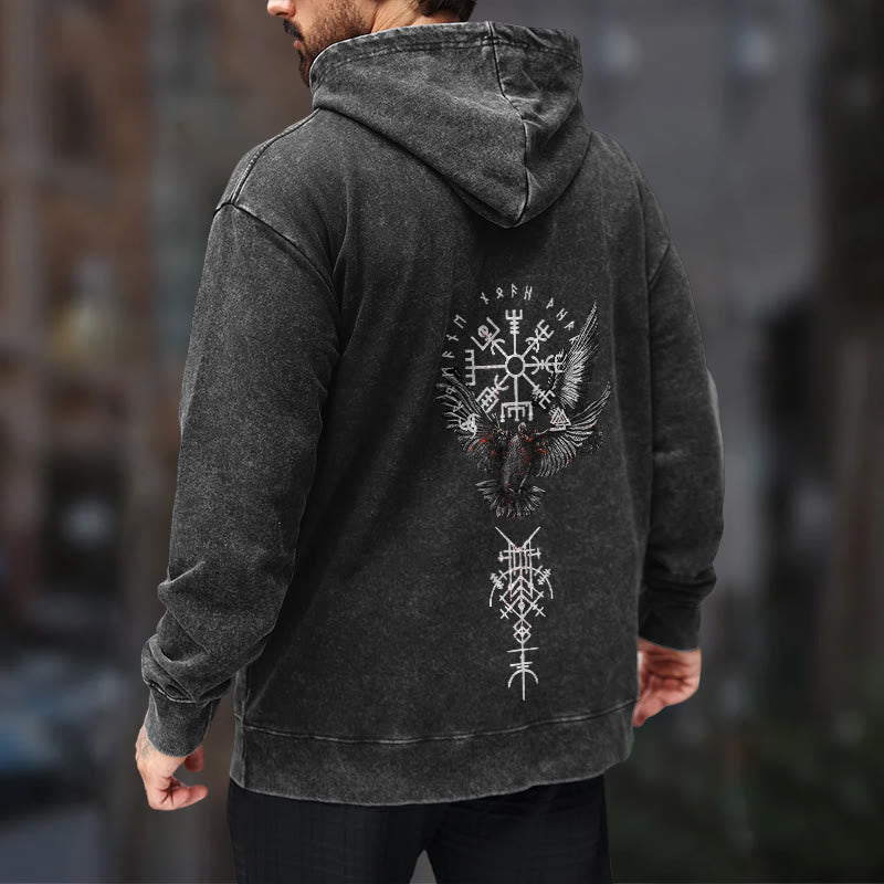 WorldNorse Wikingersymbol Raven Vegvisir gewaschener Kapuzenpullover - image 7