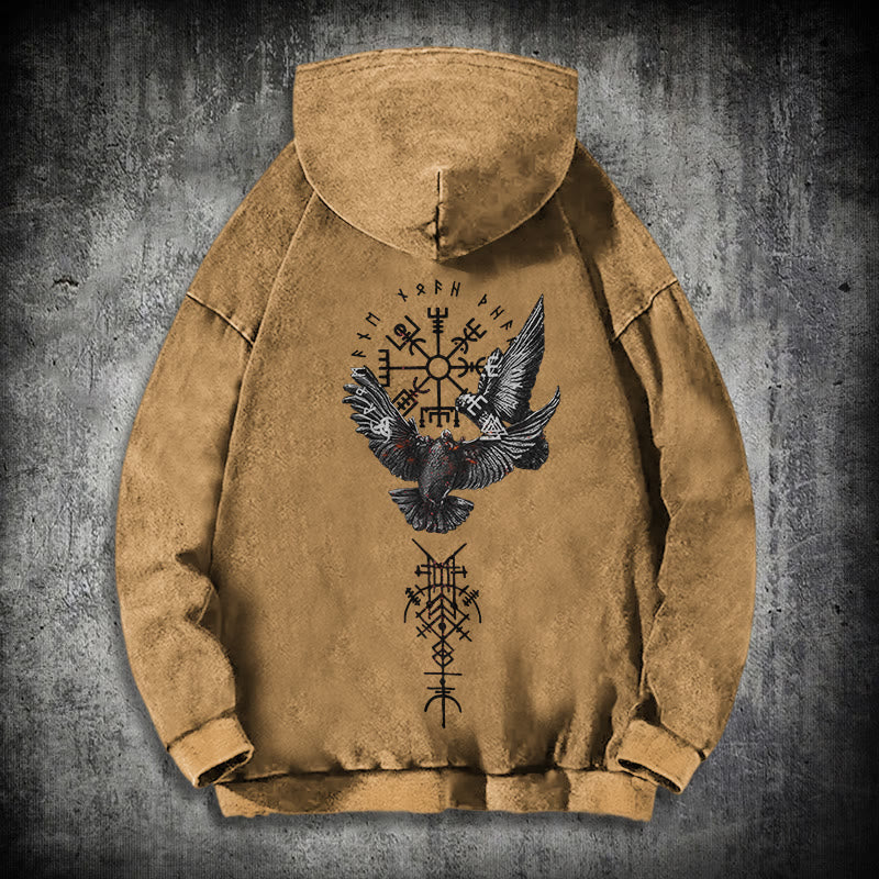 WorldNorse Wikingersymbol Raven Vegvisir gewaschener Kapuzenpullover - Khaki - 3XL - image 27