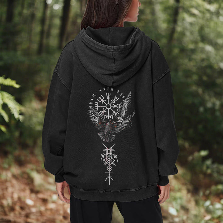 WorldNorse Wikingersymbol Raven Vegvisir gewaschener Kapuzenpullover - image 11