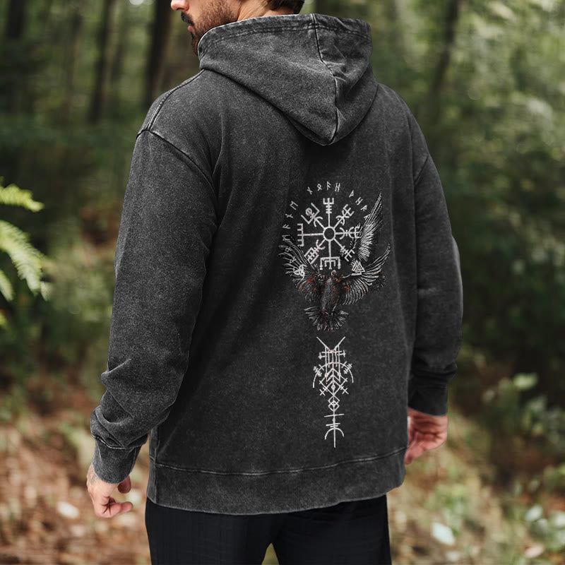 WorldNorse Wikingersymbol Raven Vegvisir gewaschener Kapuzenpullover - image 6