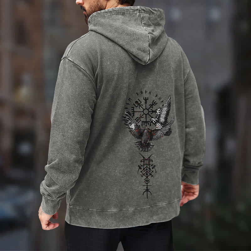 WorldNorse Wikingersymbol Raven Vegvisir gewaschener Kapuzenpullover - image 16