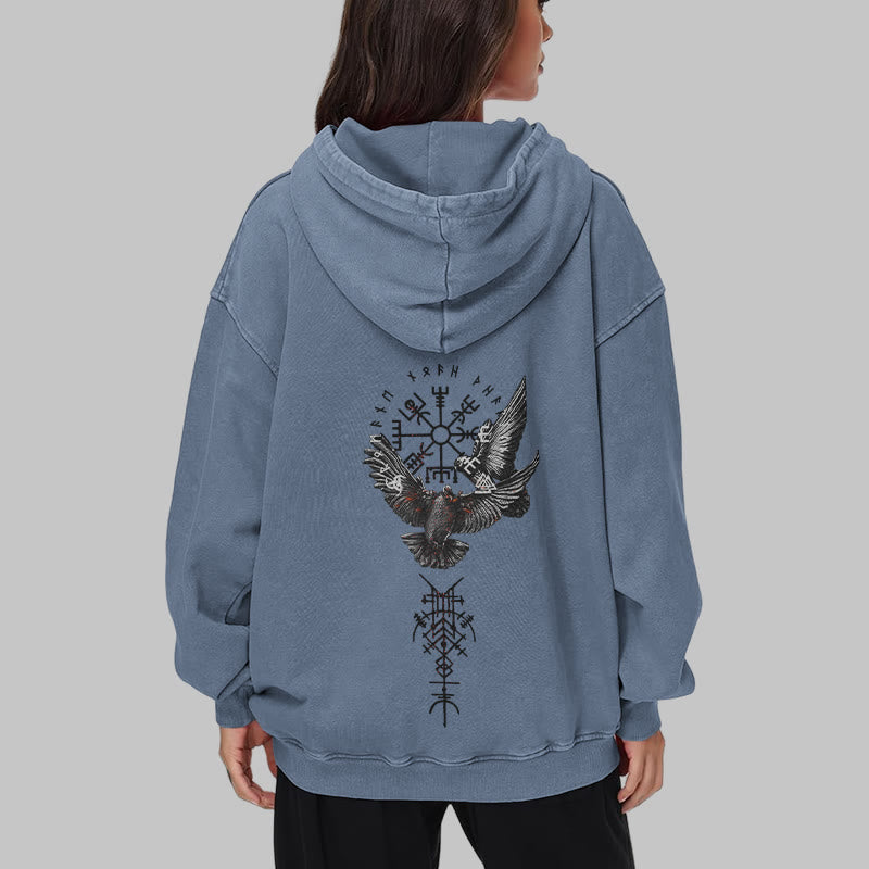 WorldNorse Wikingersymbol Raven Vegvisir gewaschener Kapuzenpullover - image 24