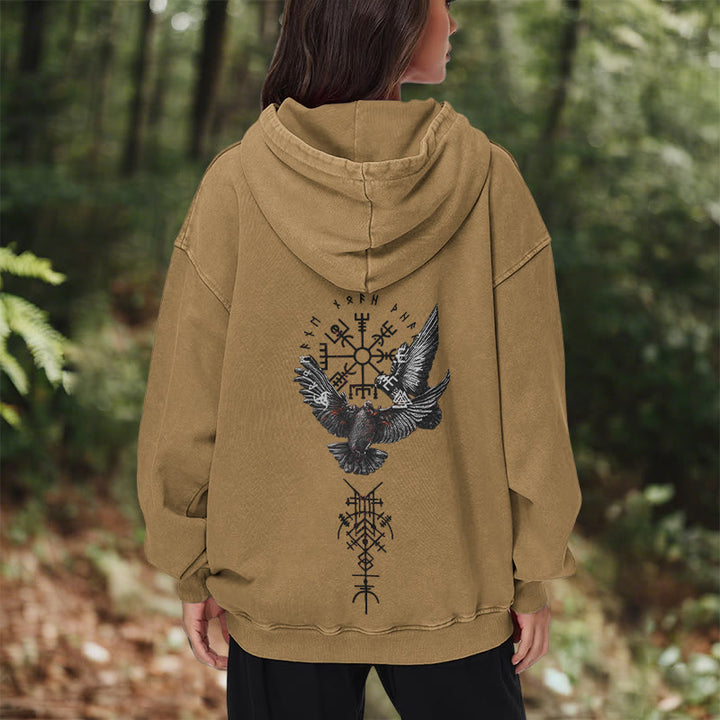 WorldNorse Wikingersymbol Raven Vegvisir gewaschener Kapuzenpullover - image 31